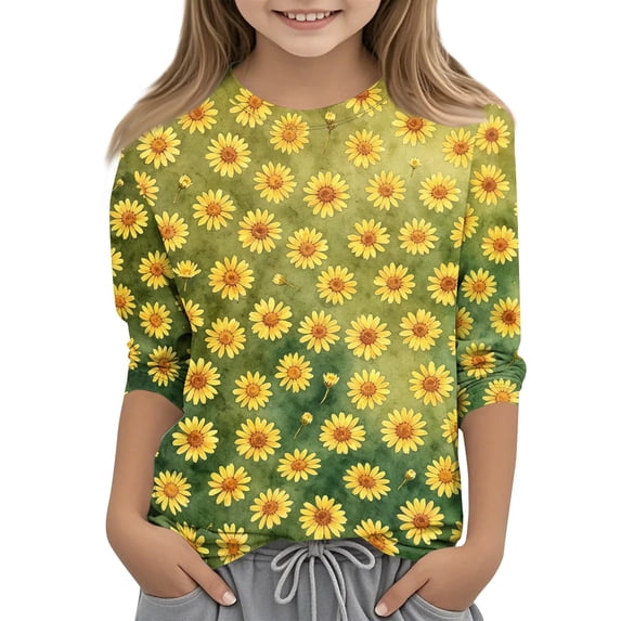 Cute Teen Girl Shirts Size 7 Summer 3/4 Sleeve Daisy Printed Tee Tops Casual Soft Lightweight Big Sister Outfit Crew Neck Shirts Green 5-6 Years