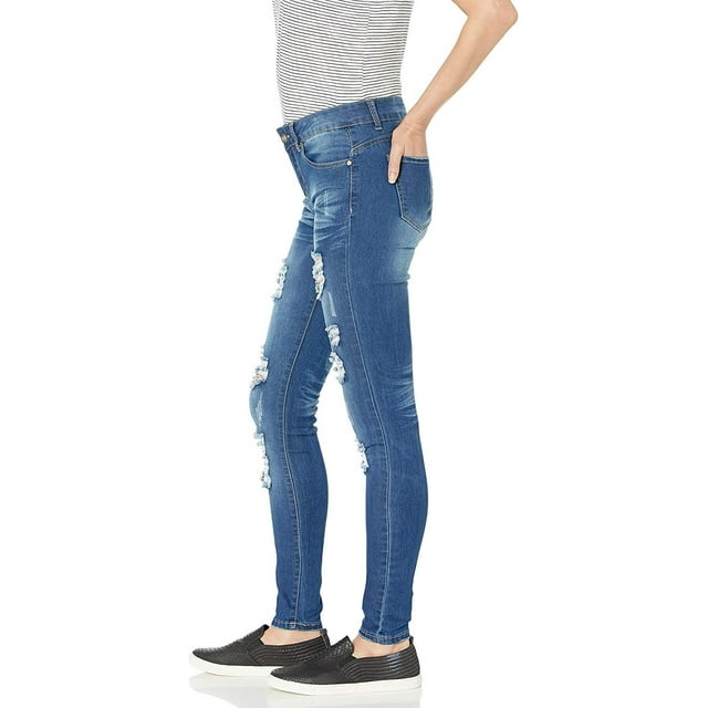 Cute Teen Girl Size Cute Mid Rise Waisted Ripped Torn Skinny Juniors, COP Blue Distressed, JR Plus 14
