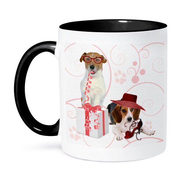 Cute Terrier And Beagle Dogs In Pink And Red Is Great For The Dog Lover And Mothers Day, 11oz Two-Tone Black Mug