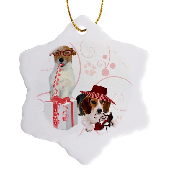 Cute Terrier And Beagle Dogs In Pink And Red Is Great For The Dog Lover And Mothers Day, 3 inch Snowflake Porcelain Ornament