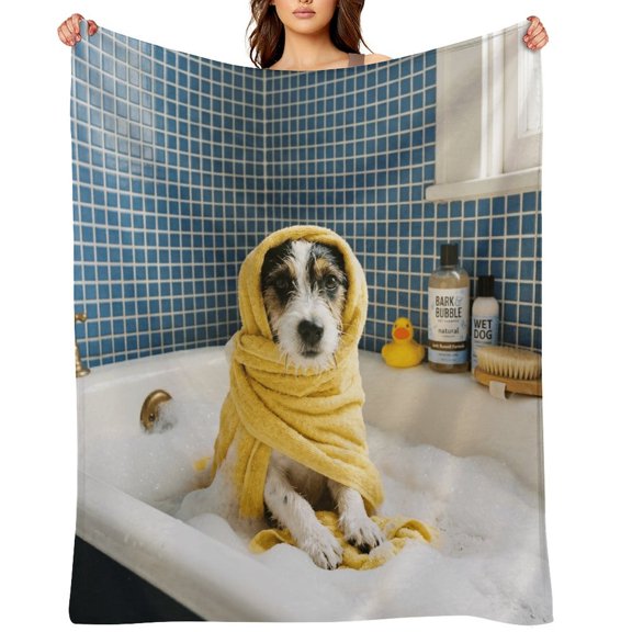 Cute Terrier Dog Bath Blue Tile Bathroom Wall Art Flannel Throw Blanket Ultra Soft Lightweight Anti-Pilling Anti-Wrinkle No Shedding Blanket for Bed Sofa Camping Travel Gift Blanket 60"×80"