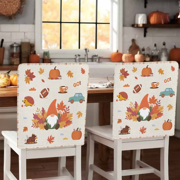 Cute Thanksgiving Gnome Chair Covers Set of 1 Fall Pumpkin Maple Leaf Chair Back Covers Stretch Removable Washable Slipcovers Protector for Dining Room Kitchen Party Decor