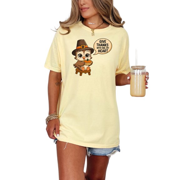 Cute Thanksgiving Owl Graphic Shirt, Giving Thanks With Owl My Heart T-Shirt, Fall Seasonal Tee, Funny Holiday Owl Shirt, Unique Gift Top, Butter Comfort Colors T-Shirt, Medium