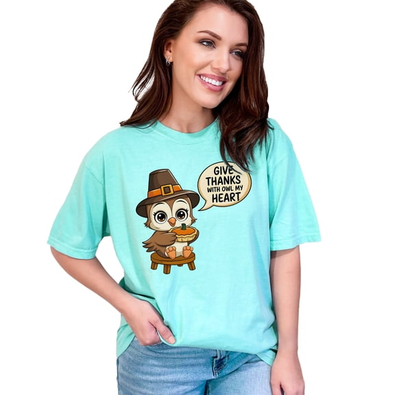 Cute Thanksgiving Owl Graphic Shirt, Giving Thanks With Owl My Heart T-Shirt, Fall Seasonal Tee, Funny Holiday Owl Shirt, Unique Gift Top, Chalky Mint Comfort Colors T-Shirt, Small