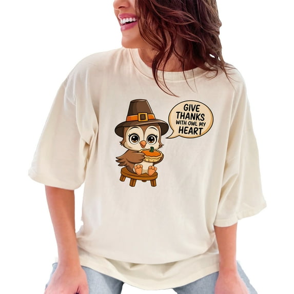 Cute Thanksgiving Owl Graphic Shirt, Giving Thanks With Owl My Heart T-Shirt, Fall Seasonal Tee, Funny Holiday Owl Shirt, Unique Gift Top, Ivory Comfort Colors T-Shirt, XL