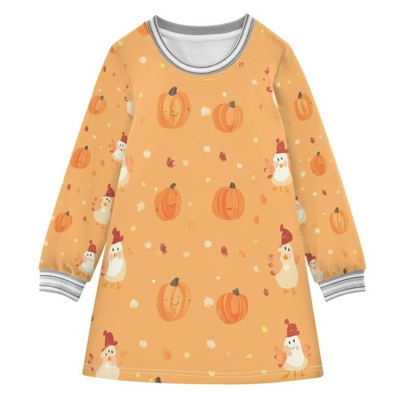 Cute Thanksgiving Pattern Girls'long-sleeved dress Thickened A-dress Warm Dress Basic Shirt Party Dresses