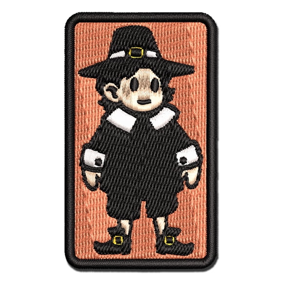 Cute Thanksgiving Pilgrim Boy Applique Multi-Color Embroidered Iron-On Patch - 3 Inch Medium