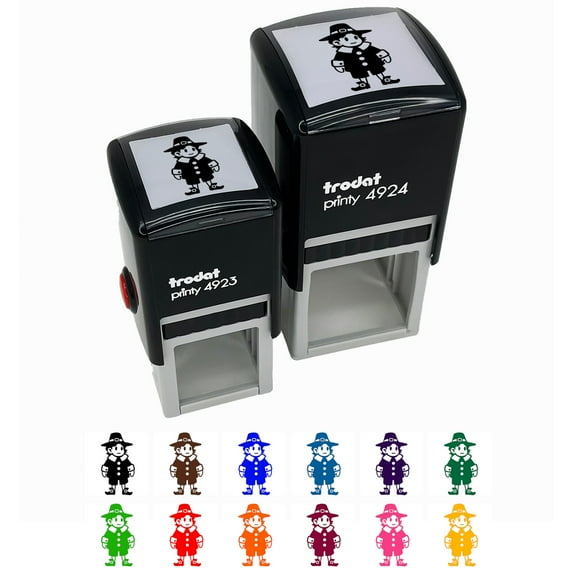 Cute Thanksgiving Pilgrim Boy Self-Inking Rubber Stamp Ink Stamper - Brown Ink - Small 1 Inch