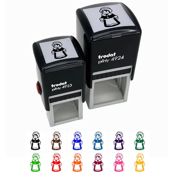 Cute Thanksgiving Pilgrim Girl Self-Inking Rubber Stamp Ink Stamper - Green Ink - Small 1 Inch