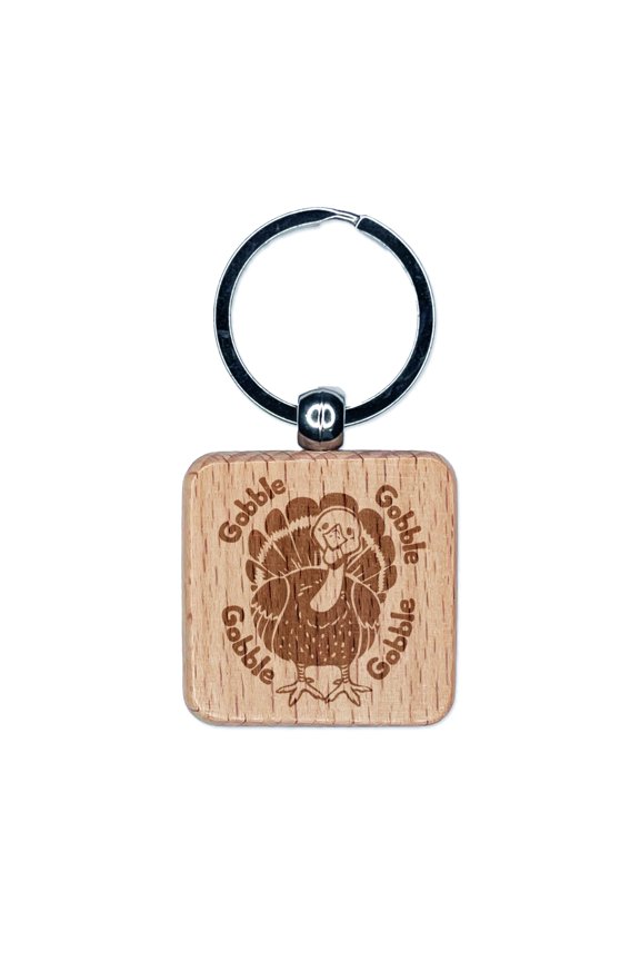 Cute Thanksgiving Turkey Gobble Square Keychain Charm Tag - Engraved Wood