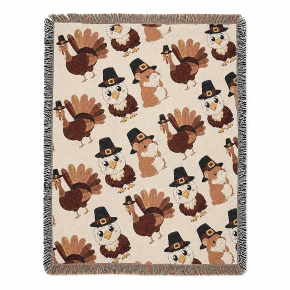 Cute Thanksgiving Turkey and Pilgrim Animal Pattern Woven Throw Blanket, Cotton with Fringed Edges, Autumn, Couch and Bed Home Decor