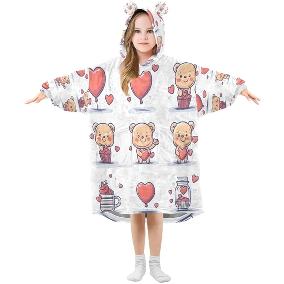 Cute Theme Bears Wearable Blankets Hoodie Oversize Sherpa Wearable Soft Blanket Warm Cozy 3-14 Age