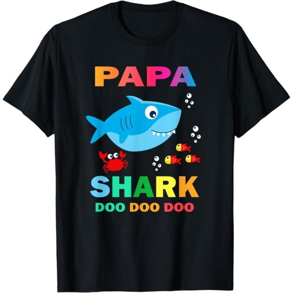 Cute - Themed Patterned Tee,Tops Boasts "PAPA SHARK DOO DOO DOO" Text and Shark, Crab, Fish Illustration, Round Neck Regular Fit T - shirts, Size(S - 5XL)