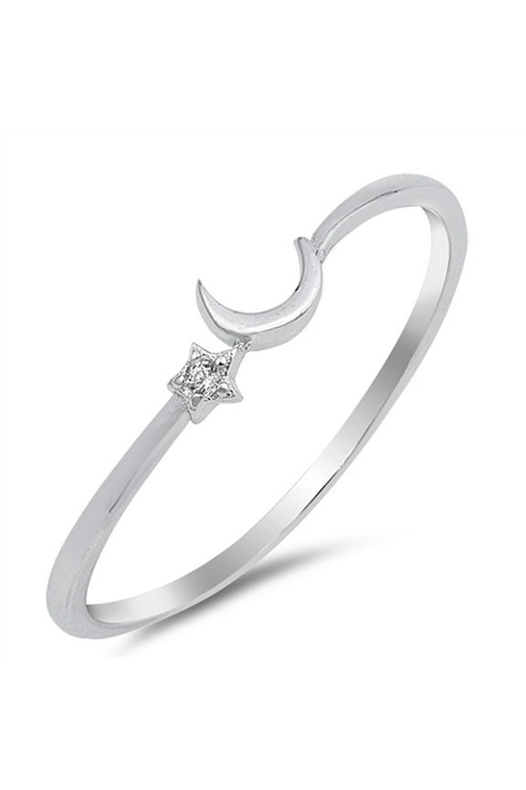 Cute Thin Crescent Moon Star Space Sterling Silver Ring White CZ 925 Jewelry Female Size 12