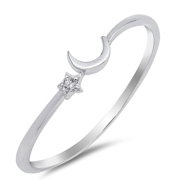 Cute Thin Crescent Moon Star Space Sterling Silver Ring White CZ 925 Jewelry Female Size 1