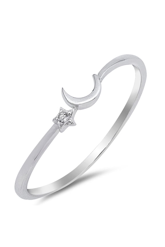 Cute Thin Crescent Moon Star Space Sterling Silver Ring White CZ 925 Jewelry Female Size 9