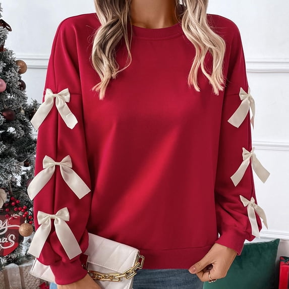 Cute Tie Bow Long Sleeve Shirts for Women Casual Crewneck Valentine Tshirt Fall Winter Clothes Gifts Tops