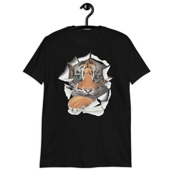 Cute Tiger Cat Cub Face in Shirt Hole Design T-Shirt Men Women Wild Animal Lion