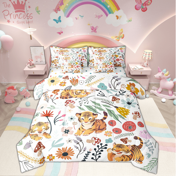 Cute Tiger Comforter Set 7 Piece Bed in a Bag Twin,Mushroom Floral Cartoon Animal Bedding Sets Watercolor Flowers Leaves Sheet Set with Comforter