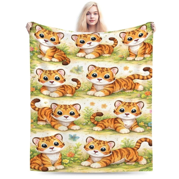 Cute Tiger Cubs Blanket Cartoon Tiger Throw Blanket Adorable Jungle Animal Blanket Soft Cozy Flannel Blanket for Kids Nursery Couch Bed 50x40