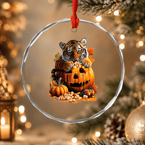 Cute Tiger Dripping Pumpkin Candy Corn Halloween Animal Ornament, Holiday Decor, Circle Glass Ornament