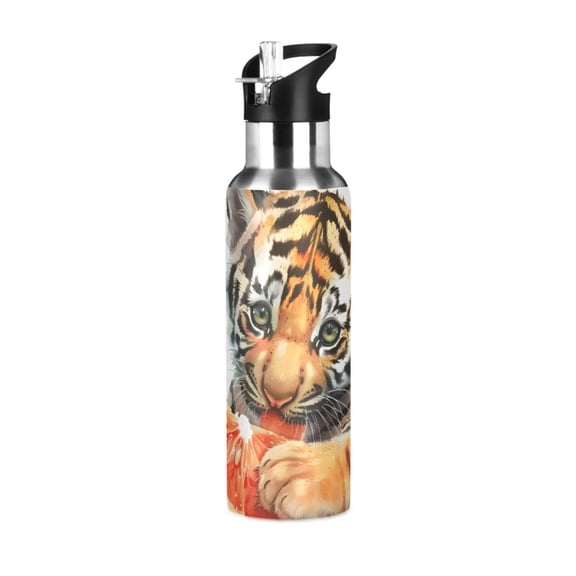 Cute Tiger Eat Orange Sports Water Bottle with Straw Lid Insulated Stainless Steel Leak Proof BPA Free Thermal Mug with Handle for Gym Yoga Cycling Camping