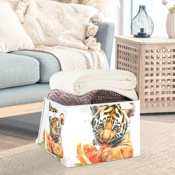 Cute Tiger Eat Orange Storage Basket Foldable Laundry Basket Shelf Kids Toy Storage Container Organizer with Handles