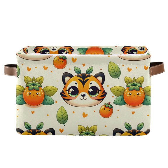 Cute Tiger Face and Persimmon Storage Bins with Handle Fabric Organizer Basket Foldable Box 1 Pack 14.2x10.2x8.3