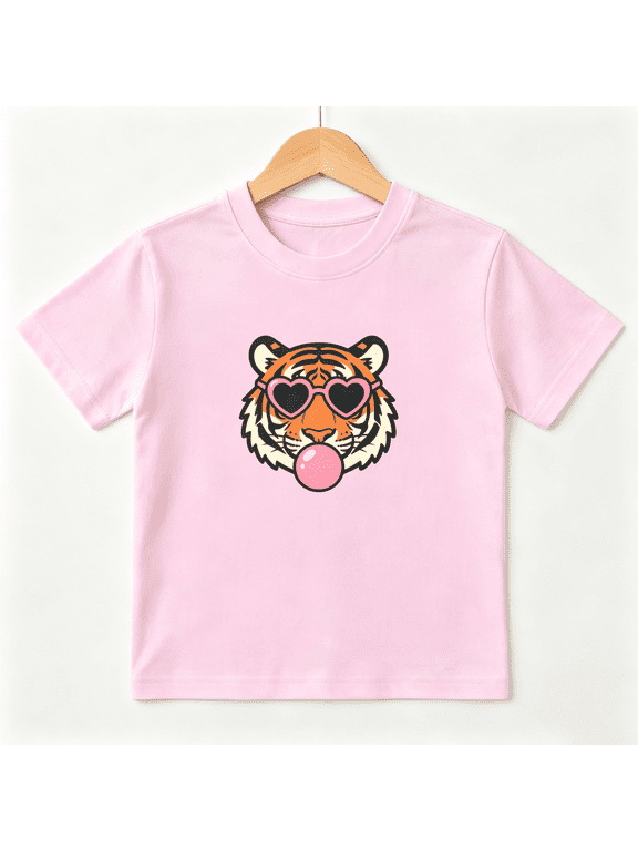Cute Tiger Heart Sunglasses Girls Graphic Tee, Retro Cool Pink 100% Cotton Kids Short Sleeve T-Shirt