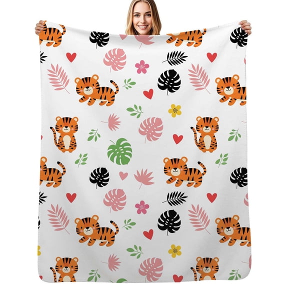 Cute Tiger Leaf Pattern Soft Blanket Travel Bedding Throws Flannel Bedspread Sofa Bed Cover