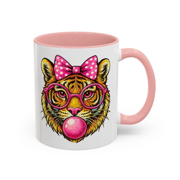 Cute Tiger Mug with Pink Gla1sses B1Ow Bubble Gum Big C1AT1 Illustration, Animal Lover Gift, Fun Coffee Cup for T1EEns, Gir1ls, Tiger Lovers