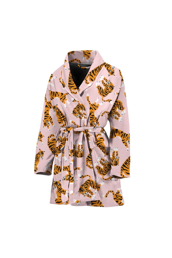 Cute Tiger Pattern Women Bathrobe One Size Univeral Fits, Tiger Wide Animal Fashion Lightweight Plush Fleece Long Robe For Women
