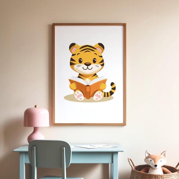 Cute Tiger Reading Book Room Art Reading Corner Children Educational Decor, Stretched Canvas 8x10in