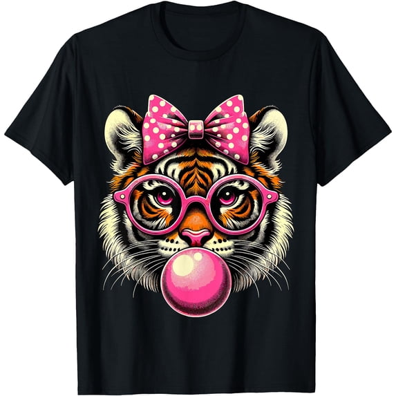 Cute Tiger With Glasses Bubblegum and Bow Softstyle Unisex T-Shirt,Black Color,Size L