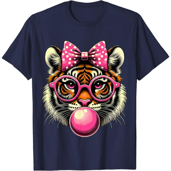 Cute Tiger With Glasses Bubblegum and Bow Softstyle Unisex T-Shirt,Navy Color,Size XL