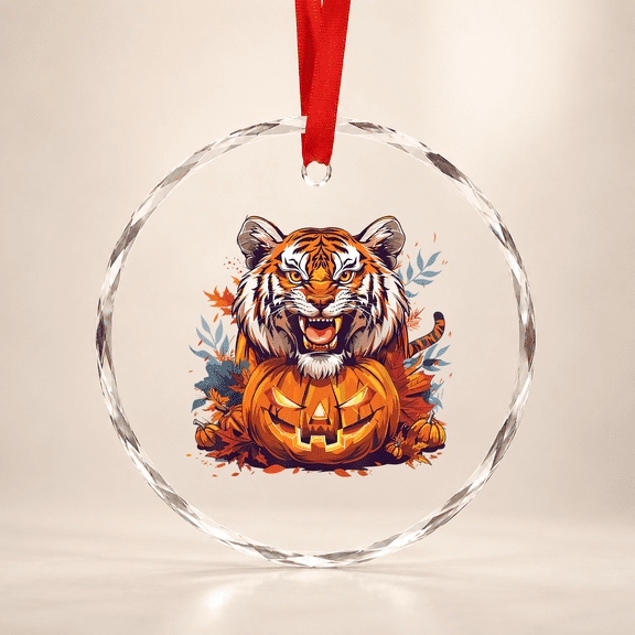 Cute Tiger With Pumpkin I Halloween Glass Ornament