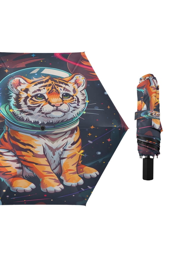 Cute Tiger in Space Compact Sun Umbrella Windproof Travel Umbrellas for Rain Strong Portable UV Protection