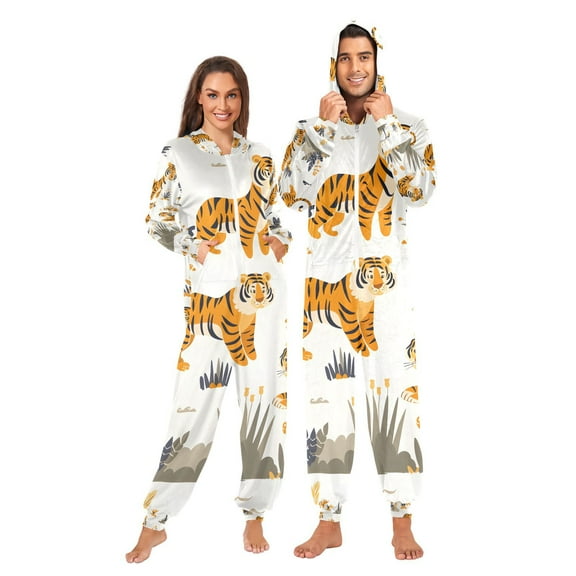 Cute Tigers Adult Onesie Pajamas Slim Fit Christmas One Piece Suit Pjs for Women and Men Hooded Zipper