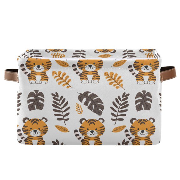 Cute Tigers with Leaves Storage Bins with Handle Fabric Organizer Basket Foldable Box 1 Pack 14.2x10.2x8.3