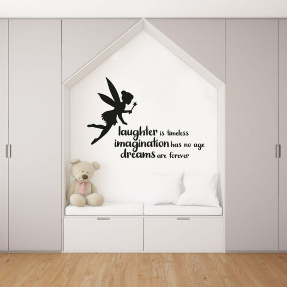 Cute Tinkerbell Silhouette - Laughter IS Timeless Imagination Has No Age Tinkerbell Quote Vinyl Wall Art Wall Decal Wall Sticker Home Decoration Design Kids Girls Room Wall Décor Size (10x10 inch)