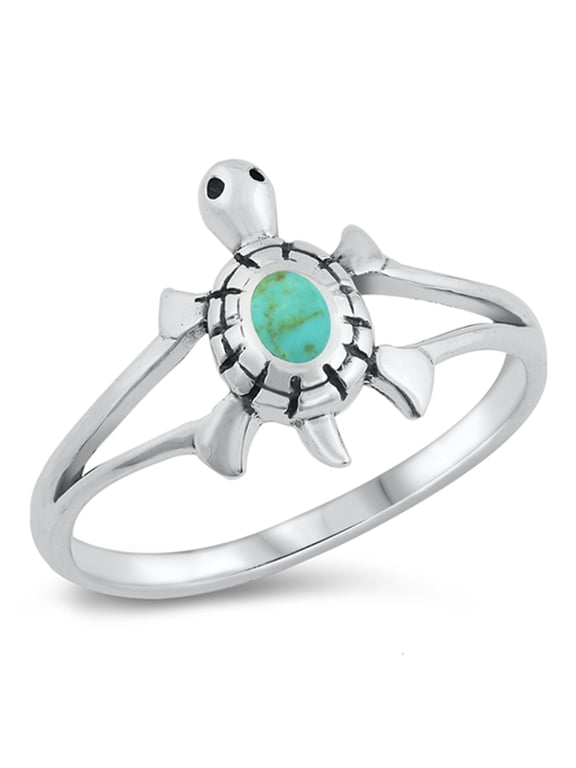 Cute Tiny Turtle Simulated Turquoise Ring .925 Sterling Silver Band Blue CZ Female Size 6