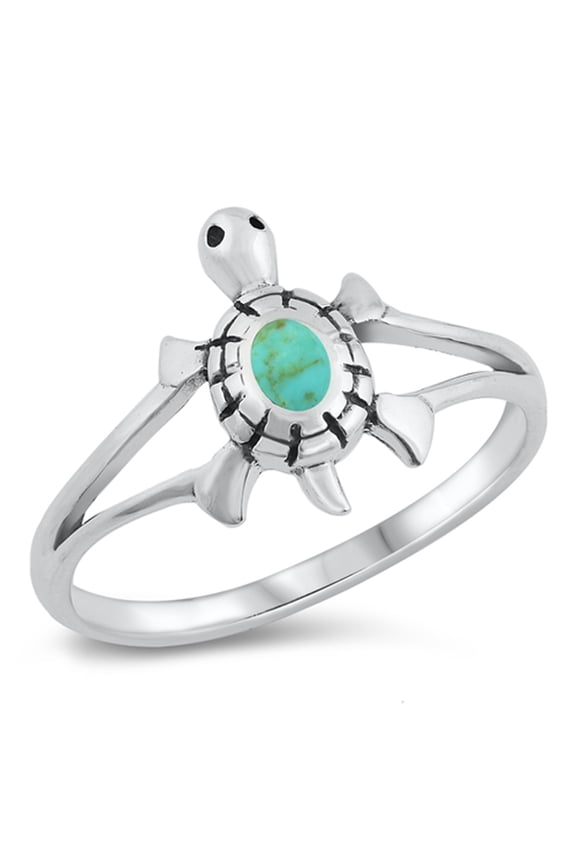 Cute Tiny Turtle Simulated Turquoise Ring .925 Sterling Silver Band Blue CZ Female Size 9