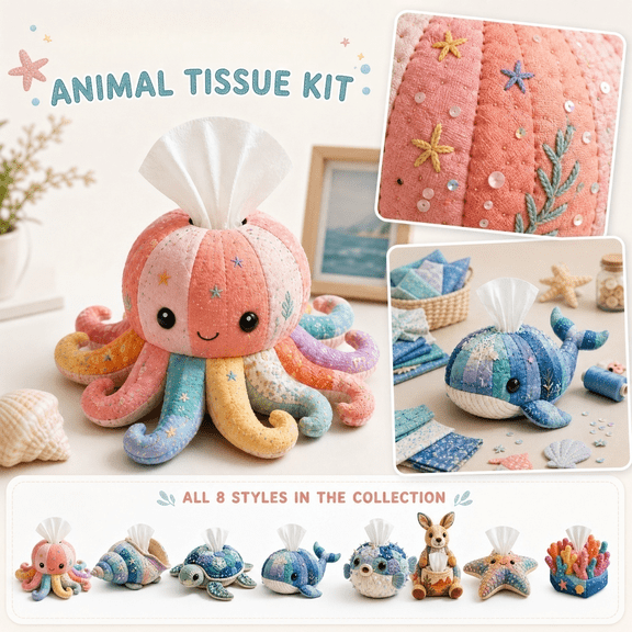 Cute Tissue Box Cover Diy Kit, Coastal Ocean Themed Soft Stuffed Tissue Box Holder for Bathroom Tissue Holder, Fun Handmade Craft for Student and Adults, Random Style 1 Pack