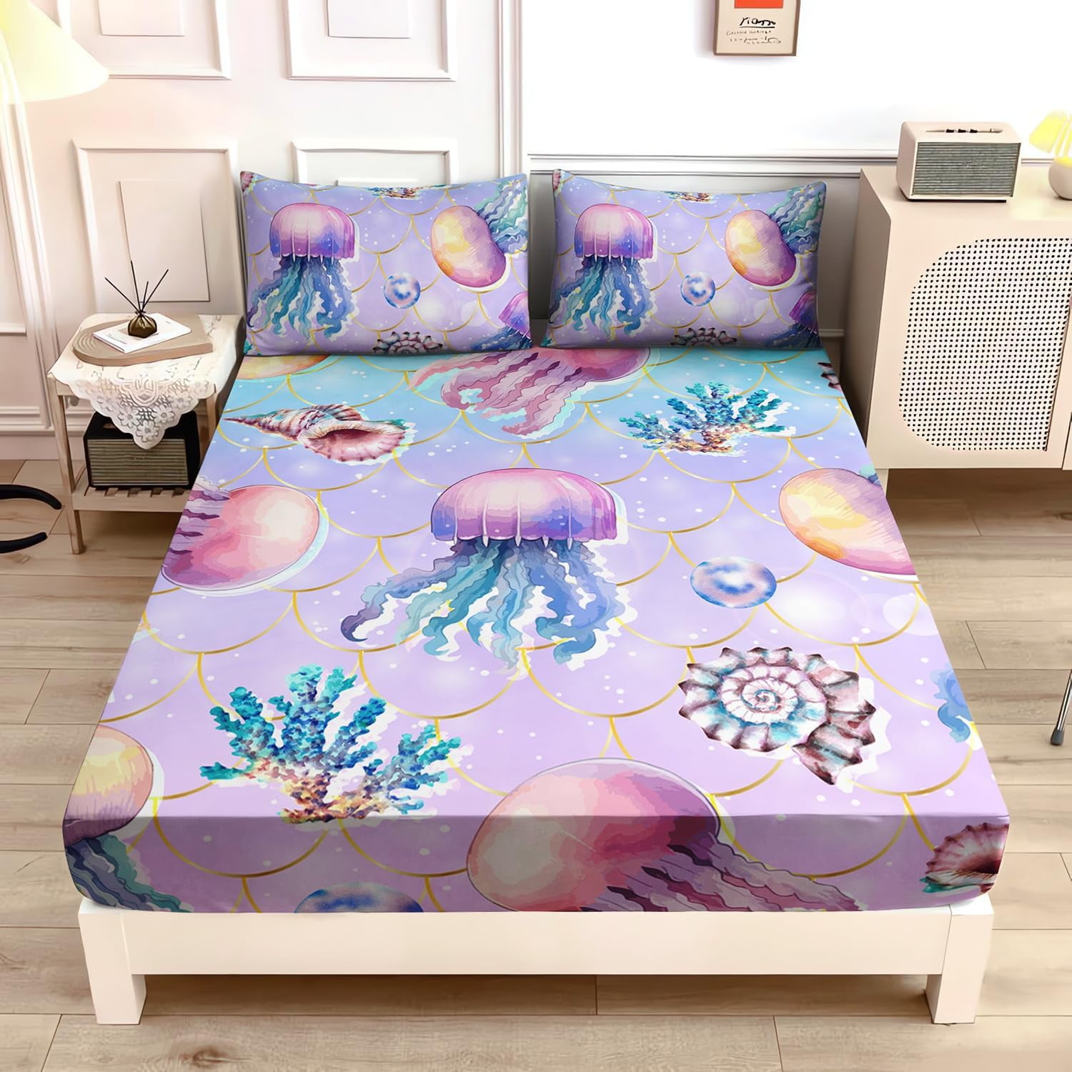 Cute Toddler Bed Fitted Sheet for Girls Queen Size,Color Jellyfish