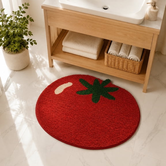 Cute Tomato Shaped Bathroom Rug Mat, 15.75*23.62in Soft Microfiber Absorbent Shower Floor Mat, Non Slip Washable Fruit Decor for Bathroom Kitchen Bedroom Entryway Home