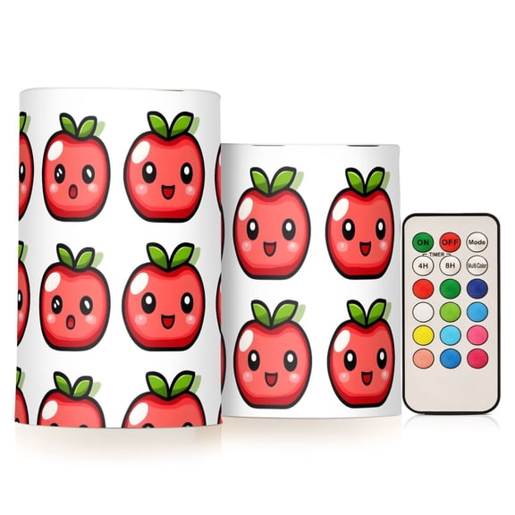 Cute Tomatoes Flameless LED Candle Set with Remote, Battery Operated Color Changing Pillar Candles, Set of 2