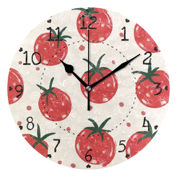 Cute Tomatoes Hand Drawn Cartoon Round Wall Clock Silent Analog Battery Operated Black Pointer Home Decor 9.84" Diameter