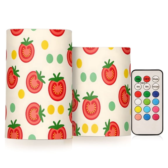 Cute Tomatoes Pattern Flameless LED Candle Set with Remote, Battery Operated Color Changing Pillar Candles, Set of 2