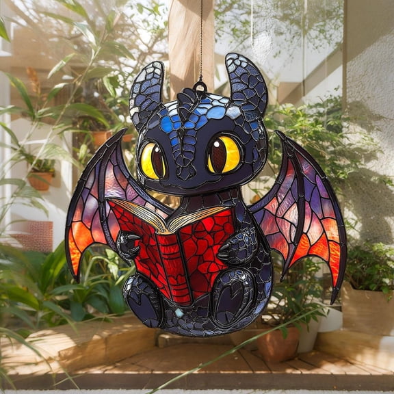Cute Toothless Dragon Reading Book ACRYLIC Faux Stained Glass Suncatcher Hanging, Whimsical Blue Dragon with Book &Flowers, Book Lovers Gift