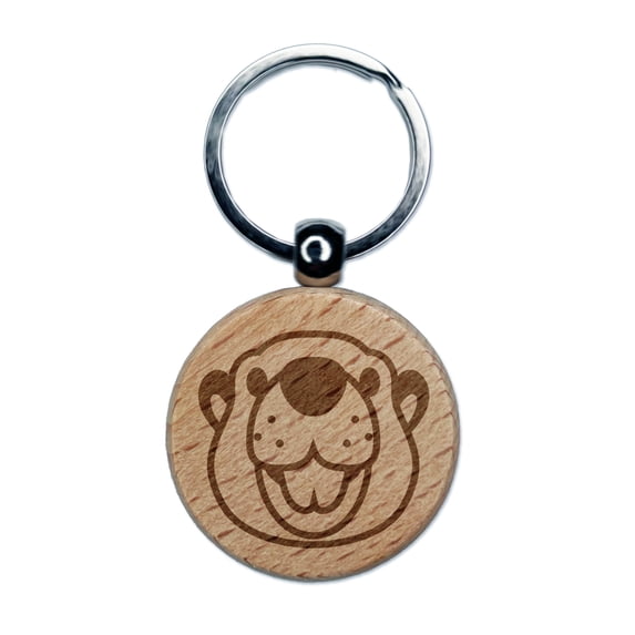 Cute Toothy Beaver Head Round Keychain Charm Tag - Engraved Wood
